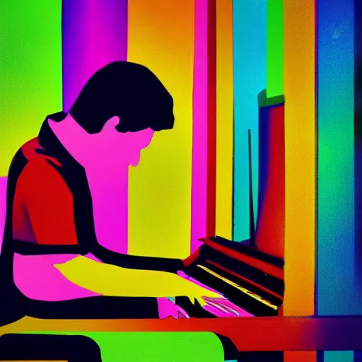 Image similar to teenager playing piano music art colorful notes moving dinamic fuzzy cool brush strokes stains lines colors