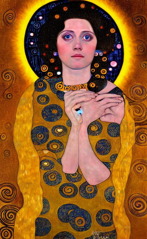 Prompt: painting of a woman with big eyes surrounded with glowing sun, in the style of Gustav Klimt Wasserschlangen II, 4k, digital art