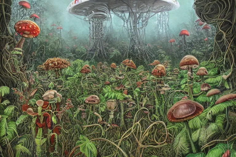 Prompt: surreal painting by josh pierce and chesley bonestelll!!, a lot of jungle flowers and plants + poison toxic mushrooms surrounded by cables + long grass + broken droid + garden dwarf + mystic fog, 5 0's vintage sci - fi style, rule of third!!!!, line art, 8 k, super detailed, high quality