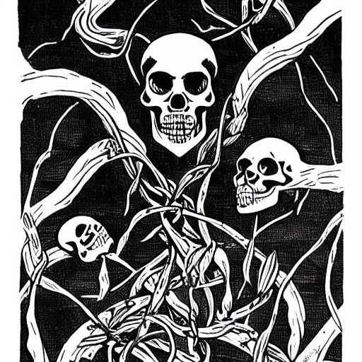 Image similar to A skull, with vines coming out of the eye sockets. Centered, Dark Fantasy, Film Noir, Black and White. High Contrast, Mike Mignola, D&D, OSR