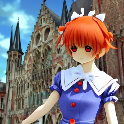 Image similar to Key visual manga book cover portrait of an extremely cute and adorable beautiful anime girl Flandre from Touhou posing for the camera in Bruges, 3d render diorama by Hayao Miyazaki, official Studio Ghibli still