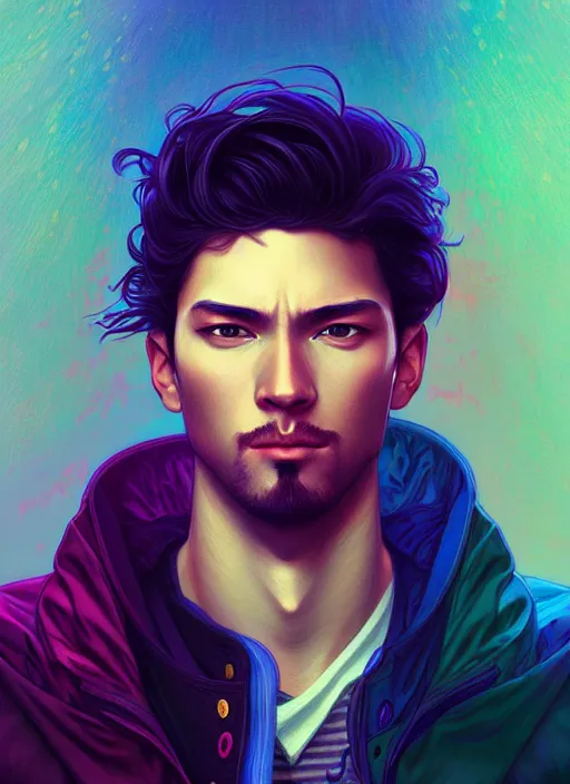 Prompt: handsome gojo, half body shot, path traced, highly detailed, high quality, digital painting, alena aenami, lilia alvarado, shinji aramaki, karol bak, alphonse mucha, tom bagshaw