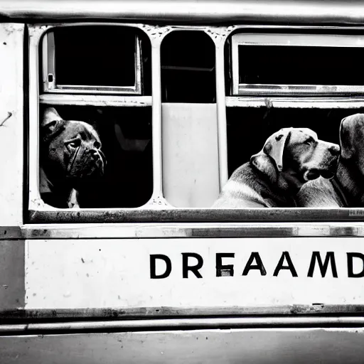 Image similar to !dream a street photo of two dogs sitting in front of the bus