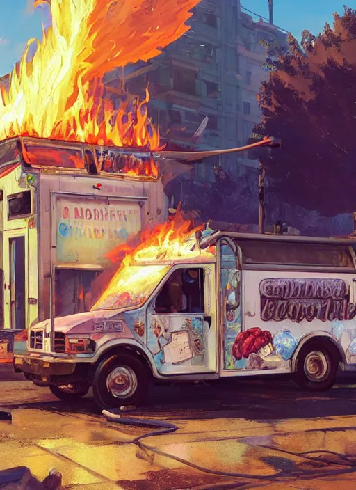 Image similar to highly detailed image of an ice cream truck on fire, in gta v, stephen bliss, unreal engine, fantasy art by greg rutkowski, loish, rhads, ferdinand knab, makoto shinkai and lois van baarle, ilya kuvshinov, rossdraws, tom bagshaw, global illumination, radiant light, detailed and intricate environment