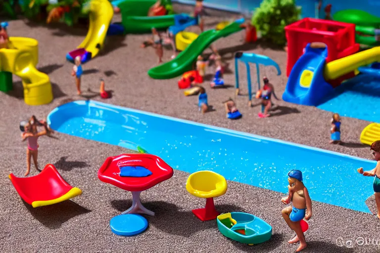 Image similar to fisher price public pool, california, in 2 0 1 5, perfect sharp focus, scene from tv show hyper detailed 5 5 mm 8 5 mm, toy photography, made out of plastic