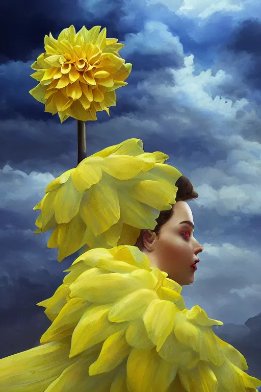 Image similar to closeup girl with huge yellow dahlia flower face, intricate, standing on mountain, surreal photography, blue storm clouds, dramatic light, impressionist painting, digital painting, artstation, simon stalenhag