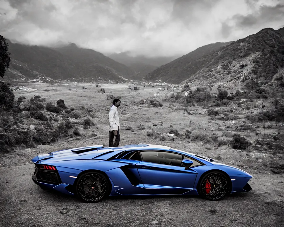 Image similar to lamborghini aventador photoshoot, cinematic, rishikesh background, uttarakhand, photography by alexey kurylev, beautiful, india, heavily detailed