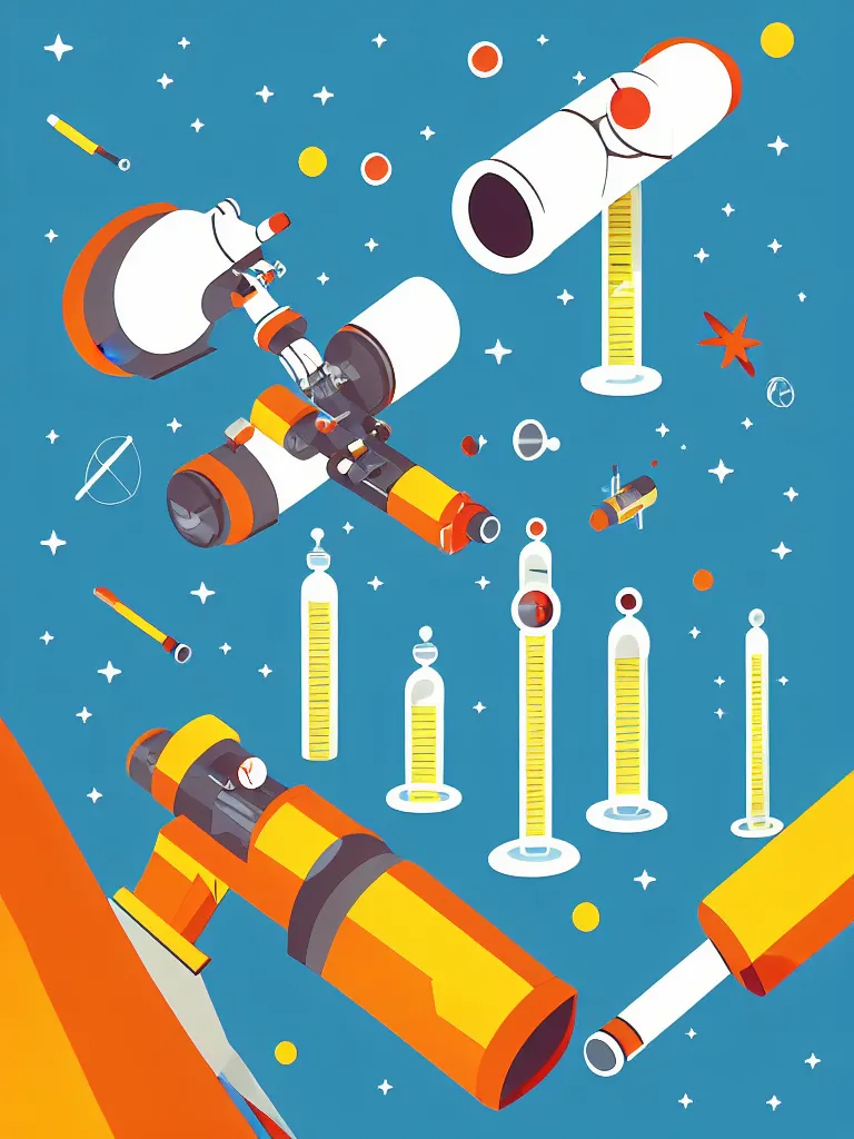 Image similar to editorial illustration scientific lab test tube telescope microscope spaceship, dynamic composition, detailed, matte print, dynamic perspective, colorful modern, mads berg