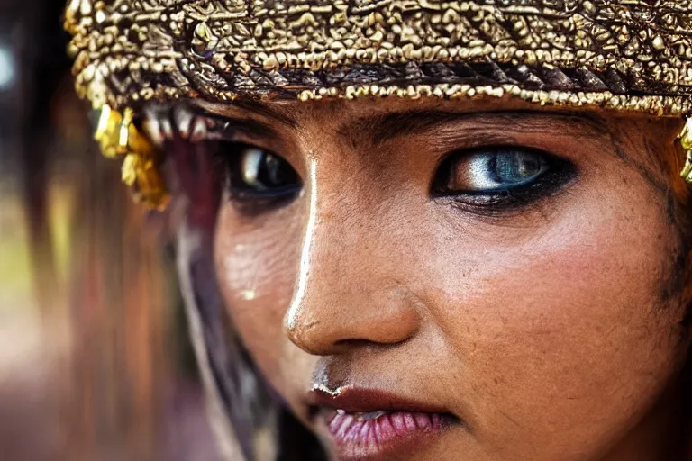 Prompt: close - up photo of a beautiful khmer warrior princess in a battle scene, detailed eyes, shallow depth of field, photorealistic, cinematic lighting, lovely bokeh, warm colours, dusk