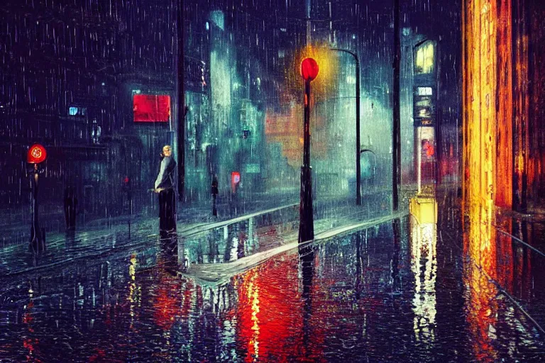 Image similar to city night photography, rain like a dream, oil painting, cinematic, surreal, dramatic, otherworldly, dreamlike, soft volumetric lighting, cyberpunk, basquiat + moebius + francis bacon + gustav klimt + beeple, elevated street art, fantasy lut, textural,