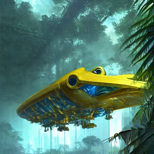 Prompt: legendary space ship, jungle planet, tropical, green forest, alien technology, cinematic, highly detailed, large blue engines, scifi, yellow windows and details, hyper realism, intricate digital painting, mechanics, red glow, gigantic landing pad, scifi base, artstation, by johnson ting, jama jurabaev