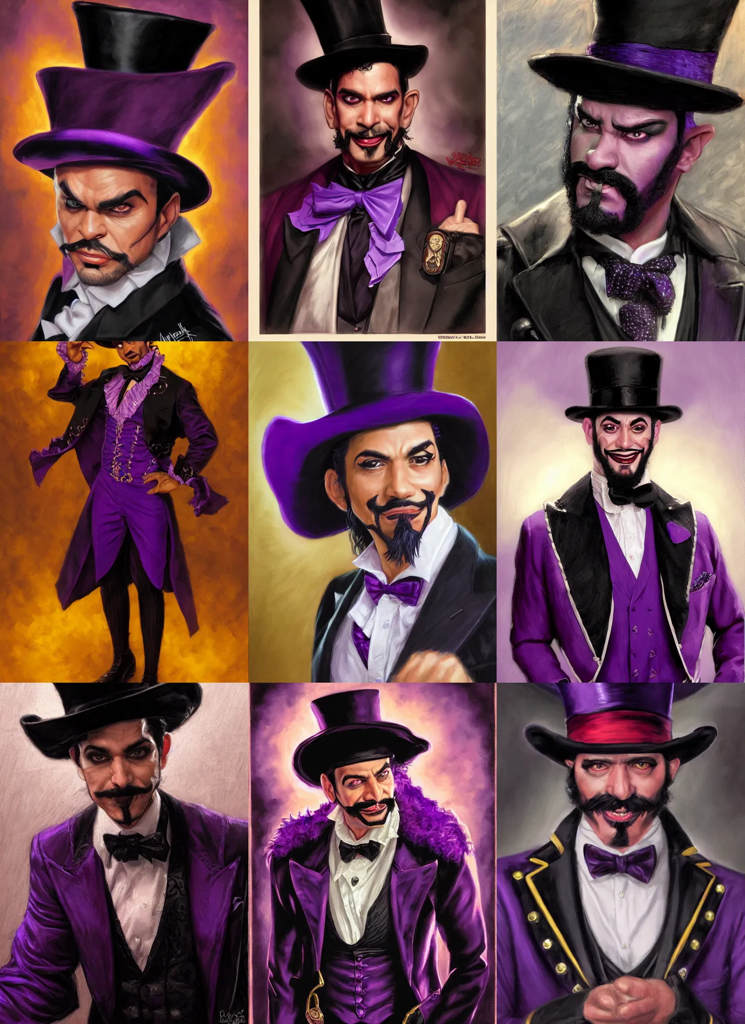 Prompt: portrait, a puerto rican man wearing purple and black ringmaster attire, nefarious smirk, black hair, black top hat, goatee, villain, style by donato giancola, wayne reynolds, jeff easley dramatic light, high detail, cinematic lighting, artstation, dungeons and dragons