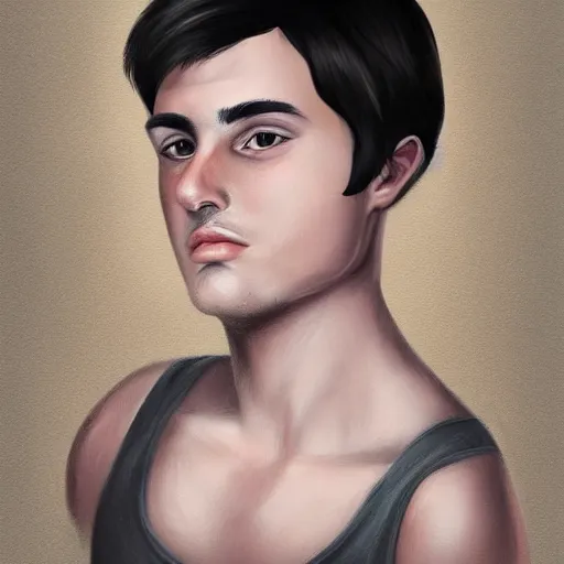 Prompt: a digital portrait of a 23 year old with black hair,hazel green eyes, drawn in the style of mark Arian