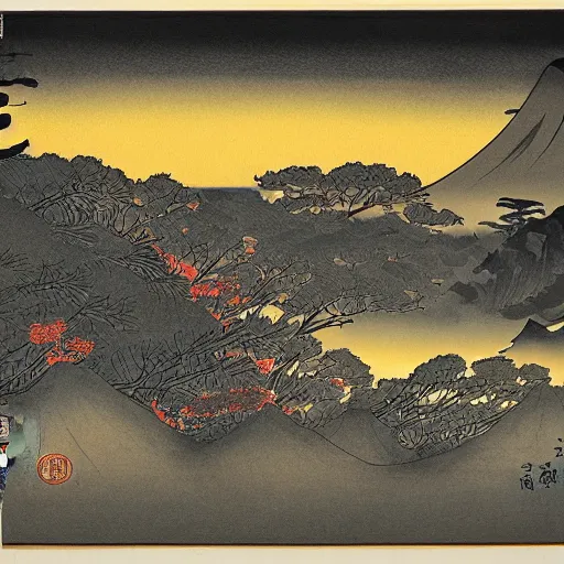 Prompt: japanese ink style landscape of a summrai fighting robots on a mountain during sunset