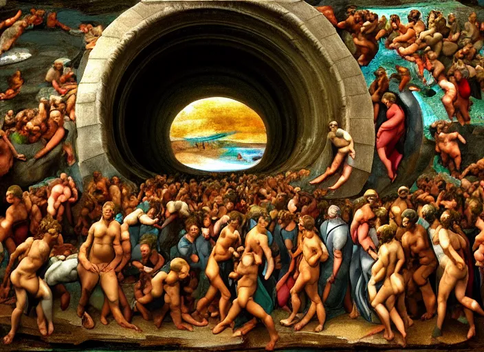 Prompt: crowd of people, water portal to hell located in heaven, photorealistic, rule of thirds, 4 k, alvah angelrune, michelangelo, colorfull