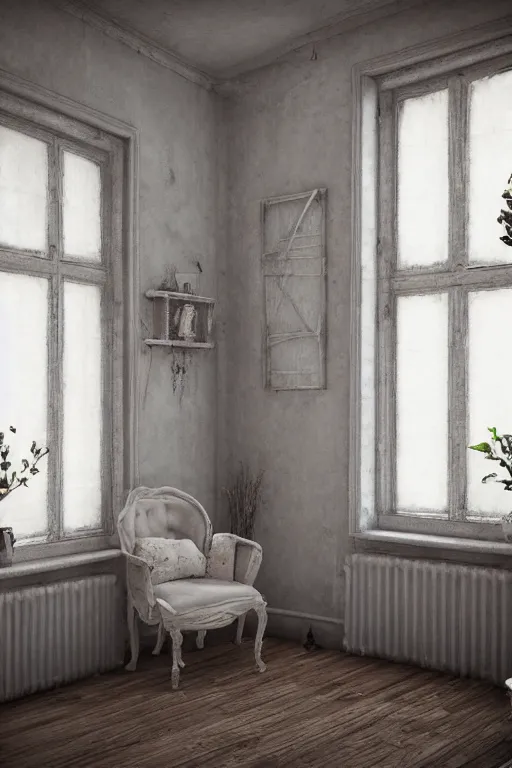 Image similar to matte sharp photo realistic shabby chic room with windows, artstation behance