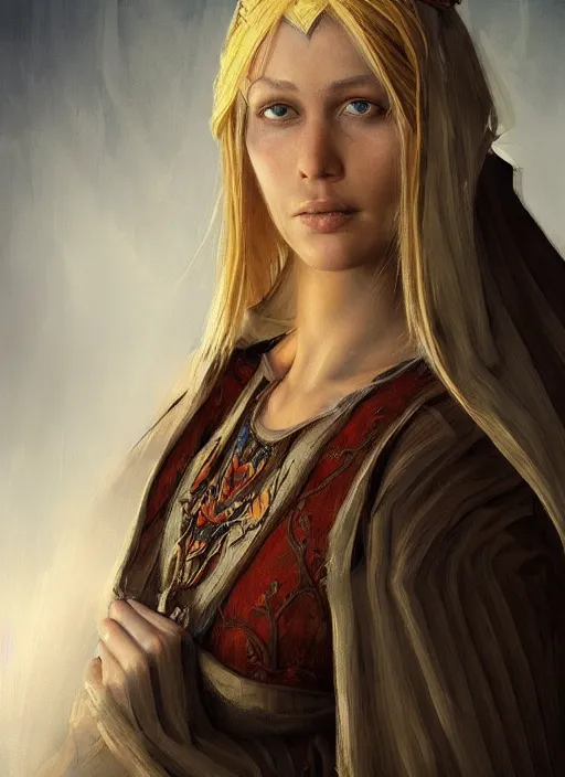 Image similar to blonde peasant woman, fantasy, medieval, vivid colors, fantasy, elegant, concept art, sharp focus, beautiful face!!, digital art, hyper - realistic, 4 k, unreal engine, highly detailed, hd, dramatic lighting by brom, trending on artstation