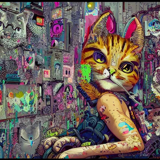 Prompt: highly detailed portrait of a cat, cyberpunk, nft arts, pixelated art, colorful graffiti wall background, by joe fenton, by greg rutkowski, by greg tocchini, by kaws, by kate beaton, by kaethe butcher, 4 k resolution