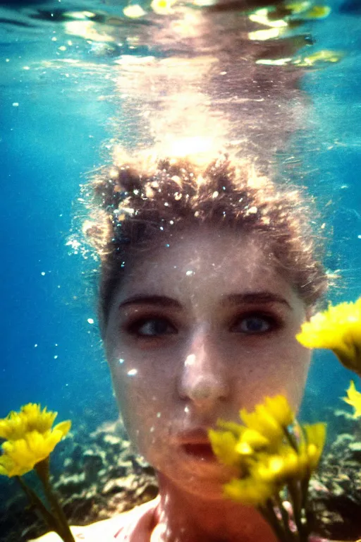 Prompt: film still, underwater view of young woman face with flowers from behind , 35mm