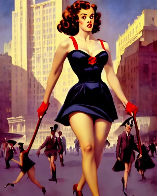 Image similar to pinup photo of hermione jean granger in the crowded square of the city, by greg rutkowski, gil elvgren, enoch bolles, glossy skin, pearlescent, very coherent, flat