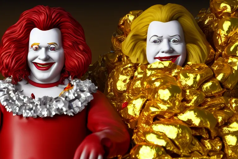 Image similar to a still of ronald mcdonald surrounded by gold and diamonds, award - winning, photograph, 3 d render, unreal engine, 4 k detailed