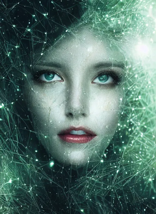 Image similar to double exposure effect, glowing silver and golden elements, female portrait model from shutterstock as a dark witch, book cover, green forest, white moon, red lips, establishing shot, extremly high detail, photo-realistic, cinematic lighting, pen and ink, intricate line drawings, by Yoshitaka Amano, Ruan Jia, Kentaro Miura, Artgerm, post processed, concept art, artstation, matte painting, style by eddie, raphael lacoste, alex ross