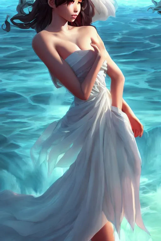 Image similar to a beautiful fashion goddness of love, chic strapless dress, tropical sea background, character design, in the style of artgerm, and wlop, cinematic lighting, hyperdetailed, 8 k realistic, symmetrical, global illumination, radiant light, frostbite 3 engine, cryengine, dof, trending on artstation, digital art