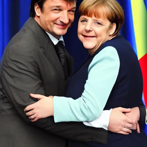 Prompt: nathan fillion and angela merkel in love