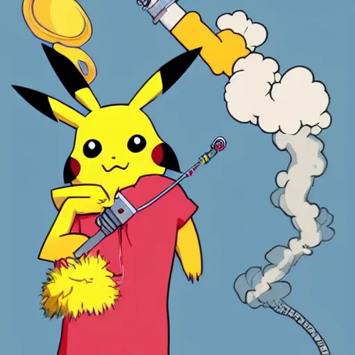 Image similar to A ultra detailed illustration of Pikachu smoking a hookah, by Tomer Hanuka, trending on ArtStation,