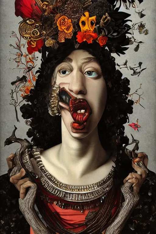 Image similar to Detailed maximalist portrait with dark skin, with large lips and with large white eyes, exasperated expression, HD mixed media, 3D collage, highly detailed and intricate, surreal illustration in the style of Caravaggio, dark art, baroque