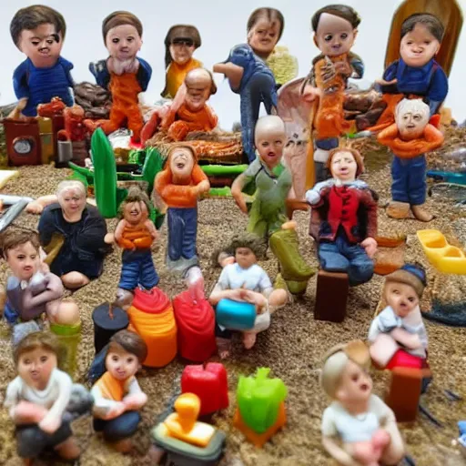 Image similar to photo of several miniature humans with various occupations. The tiny humans are all living inside a town that is inside a 1970s jellied salad