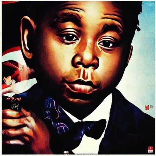 Image similar to “ lil wayne with a little bruce wayne, north korean propaganda poster, album cover ”