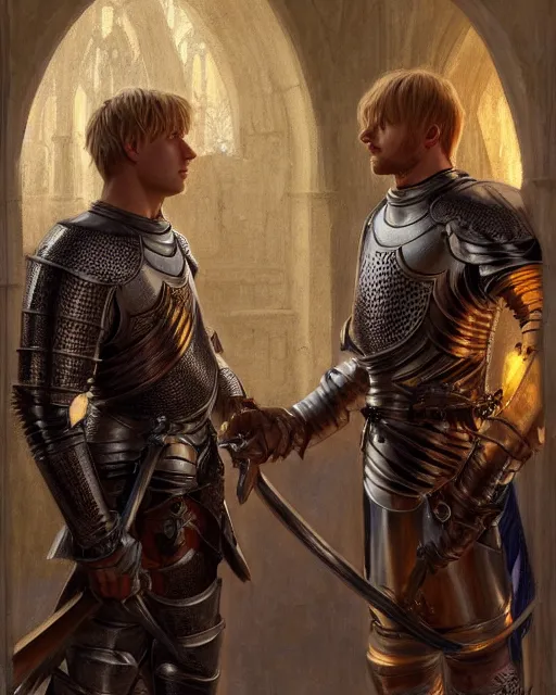 Prompt: attractive arthur pendragon confesses his love to his attractive male knight, they are close to each other, in a quiet moment, they are wearing informal cloths, highly detailed, very intricate, cinematic lighting, by donato giancola and rossdraws and magali villenueve, featured on artstation