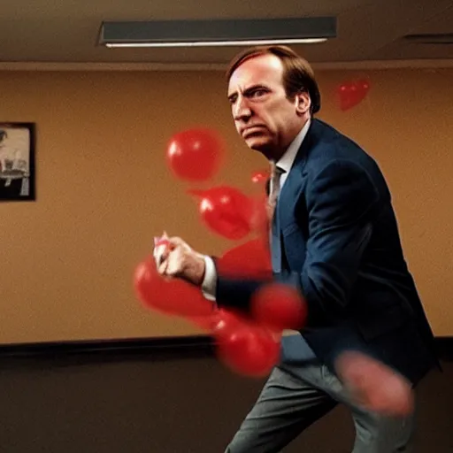 Image similar to saul goodman throwing dart at red ballon, still from better call saul