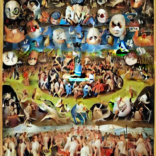 Image similar to emoji replacing every individual depicted in The Garden of Earthly Delights by Hieronymus Bosch