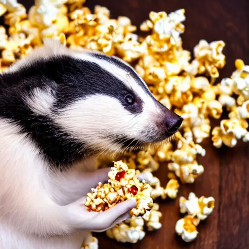 Prompt: badger eating delicious perfectly prepared popcorn, professional photography