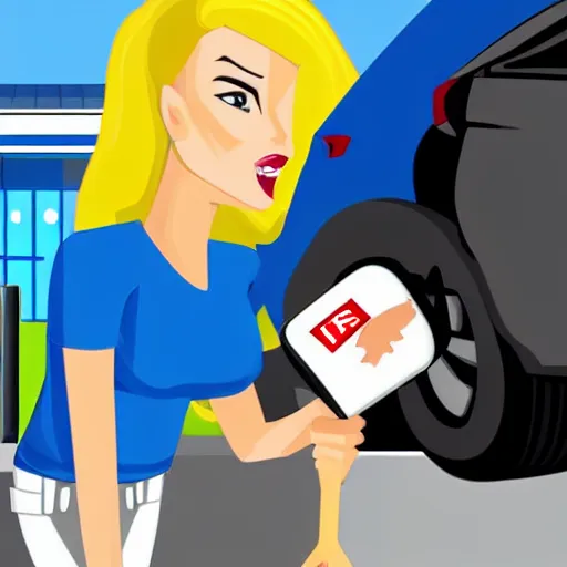 Prompt: petrol station expensive fuel blonde woman nice car cartoon style drawn comic sunny weather wide shot surprised expression valvoline gas