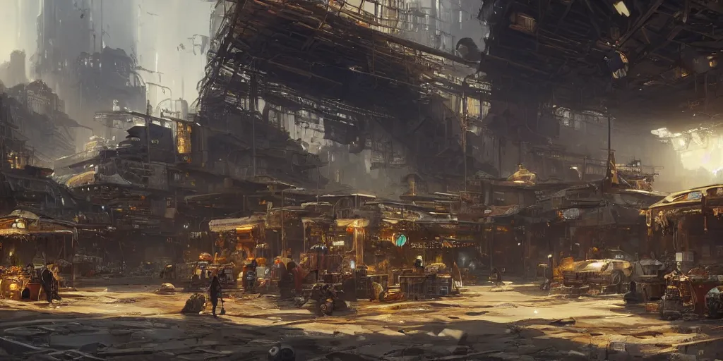 Image similar to screenshot of a marketplace in a honeycombed makeshift city, dappled light, colossal arcing metal megastructures high in the sky, beautiful, awe inspiring, fps, by james gurney, greg rutkowski, sparth, cinematography, cinematic masterpiece