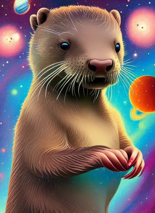 Image similar to a beautiful portrait of a cute otter swimming in outer space galaxy, detailed trending on artstation!, ( art by rhads ), ( art by miyazaki )