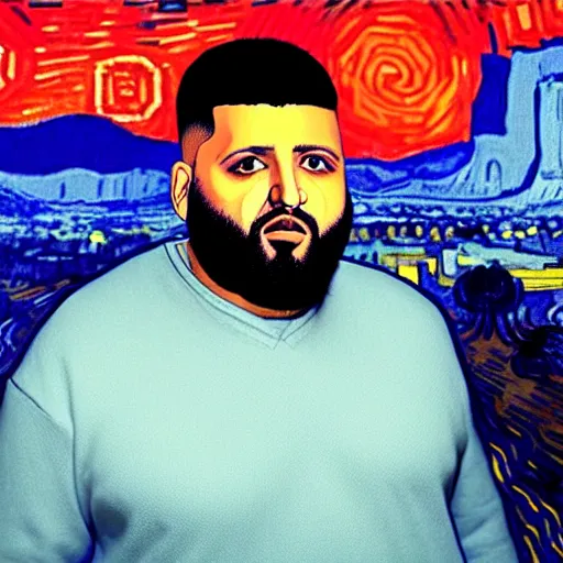 Image similar to ultra realistic portrait of dj khaled in a studio, ultra detailed, under blue, red and yellow cinematic lighting, by van gogh, cartoon, monument valley, escher