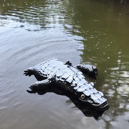 Image similar to a transparent, aluminum, alligator in the water with Skylar