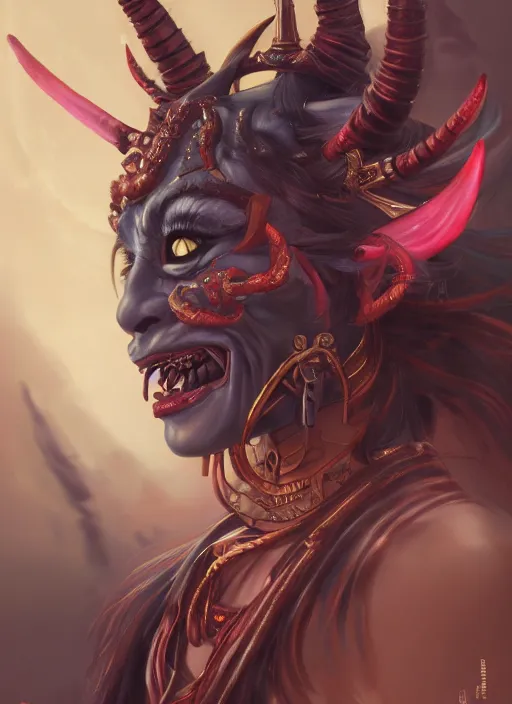 Prompt: a beautiful detailed oil on copper art illustration of a oni hannya mask shogun devil woman, centered, by charlie bowater, zeng fanzh, trending on artstation, dim dusk lighting, cinematic lighting, detailed lighting, volumetric lighting, realistic, f 8, 4 k hd wallpaper