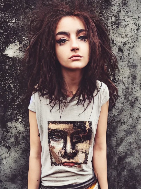 Image similar to hyperdetailed photo of a beautiful italian girl, brown eyes, dark hair, skin, winds of winter, with ripped grunge crop t - shirt fine face, pretty face