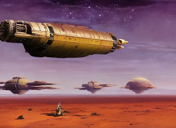 Image similar to a vividly - coloured spacecraft in an empty landscape by martin deschambault, dean ellis, peter elson, josan gonzalez, david a hardy, john harris, wadim kashin, angus mckie, moebius, bruce pennington, sci - fi art