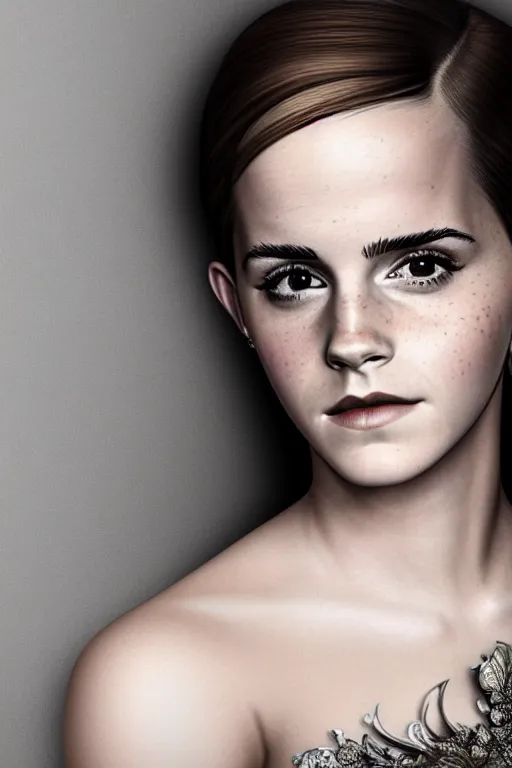 Prompt: a beautiful Emma Watson portrait, with a brilliant, impossible striking big organic matter subsurface scattering material headpiece, clothes entirely made out of organic subsurface scattering material, symmetrical, dramatic studio lighting, rococo, baroque, jewels, asian, hyperrealism, closeup, D&D, fantasy, intricate, elegant, highly detailed, digital painting, artstation, octane render, 8k, concept art, matte, sharp focus, illustration, art by Artgerm and Greg Rutkowski and Alphonse Mucha