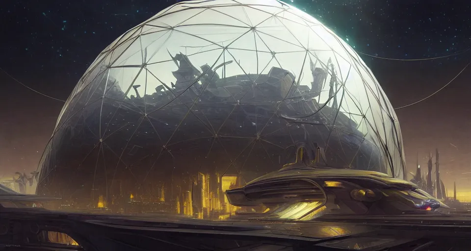Image similar to cinematic shot, futuristic city on the moon inside a giant geodesic dome, utopian, night, stars, digital painting, artstation, concept art, smooth, sharp focus, illustration, intricate, elegant, highly detailed, in the style of greg rutkowski and alphonse mucha and artemisia, 8 k, highly detailed, jurgens, rutkowski