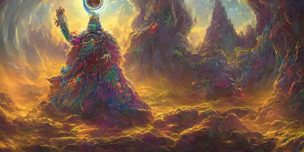 Prompt: A wizard summoning a portal to another land, hyper-detailed, intricate, colorful, wide angle, beautiful, fantasy, concept art