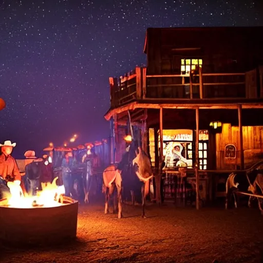 Image similar to cowboy western tavern at night, well lit, campfire