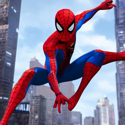 Image similar to A photo of an live-action animated SpiderMan movie, rendered in Unreal Engine, 8K concept art, detailed, cohesive, mixed media, volumetric lighting, ambient occlusion, 8K 3D, shot on Kodak Ektar