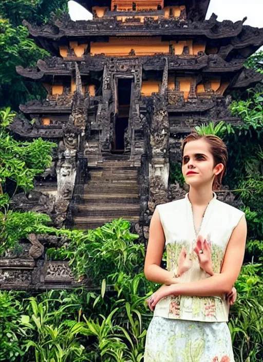 Prompt: emma watson wearing kebaya bali in bali. temple background. front view. instagram holiday photo shoot